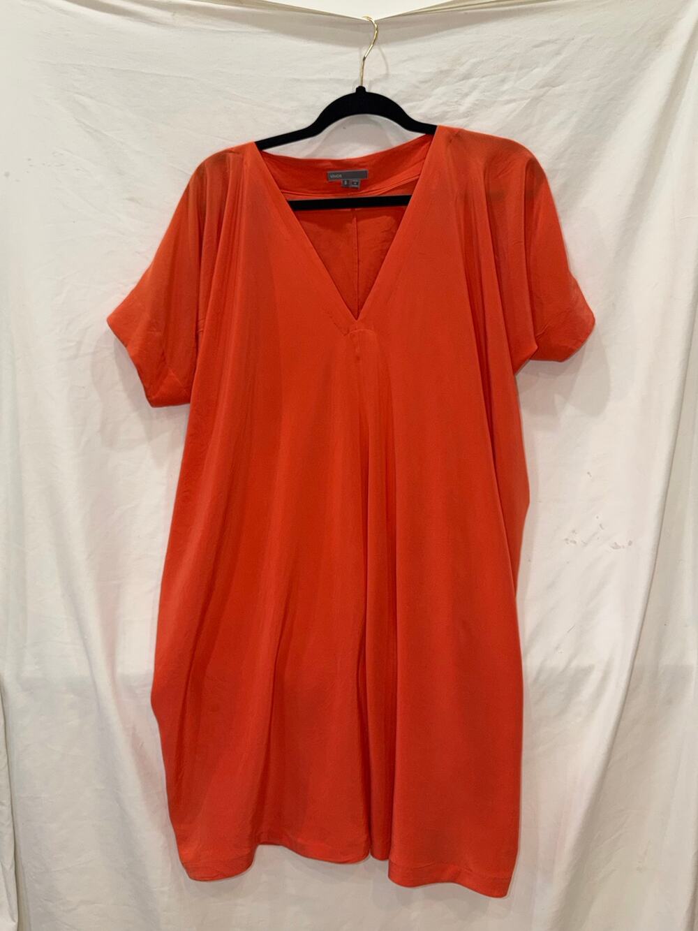 Vince Orange Satin Draped V Neck Shift Dress S